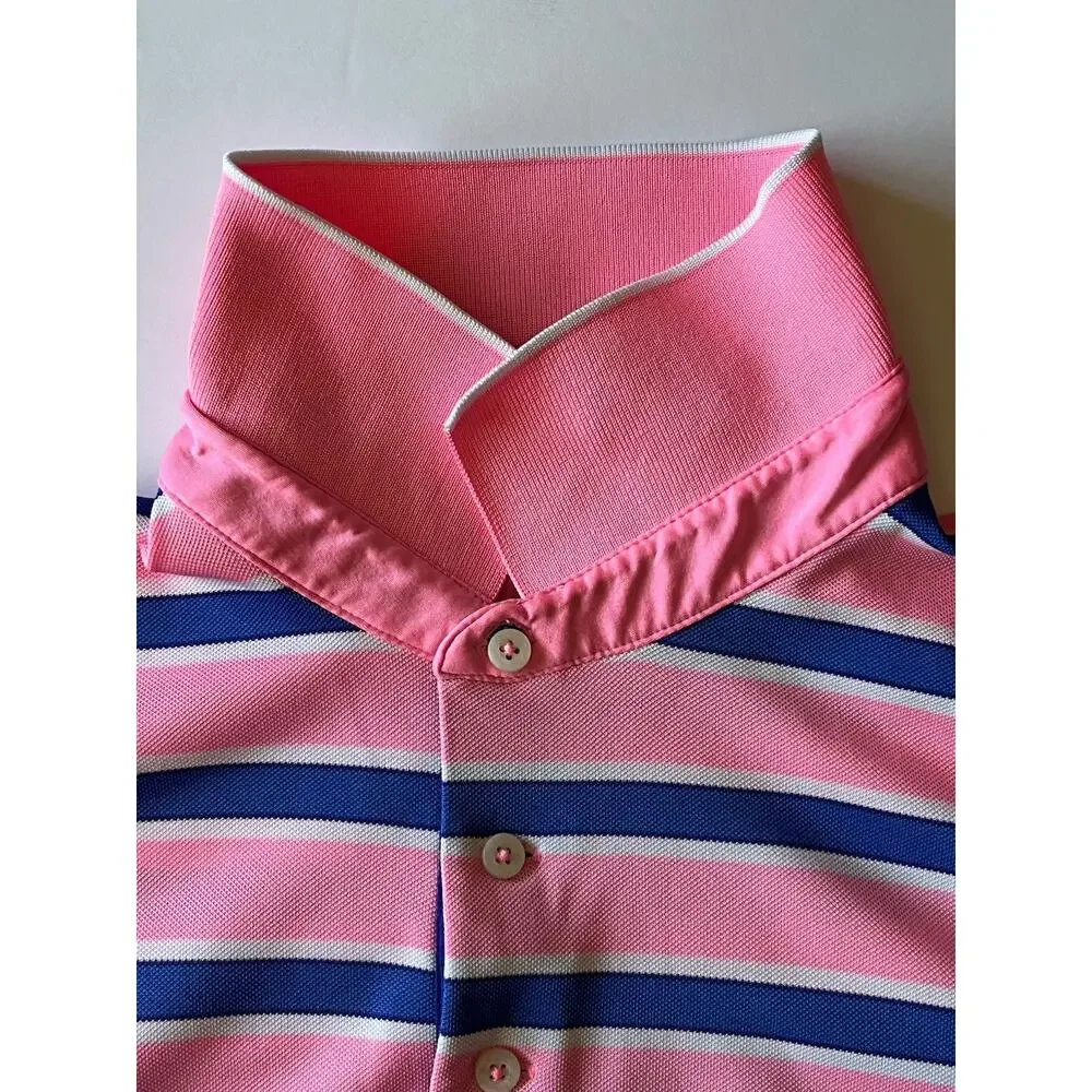 RLX Ralph Lauren Golf Polo Men L Pink Blue Wht Stripe Bear Mountain Performance